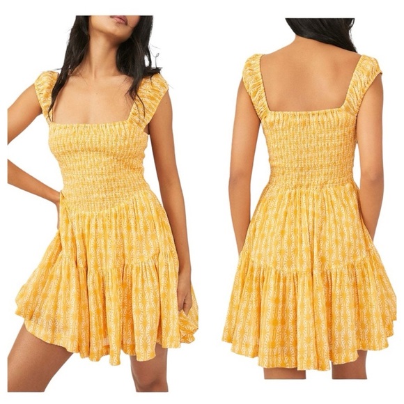 FREE PEOPLE | Sweet Annie Sunshine Combo Fit & Flare Smocked Mini Dress Size XS - Picture 3 of 14
